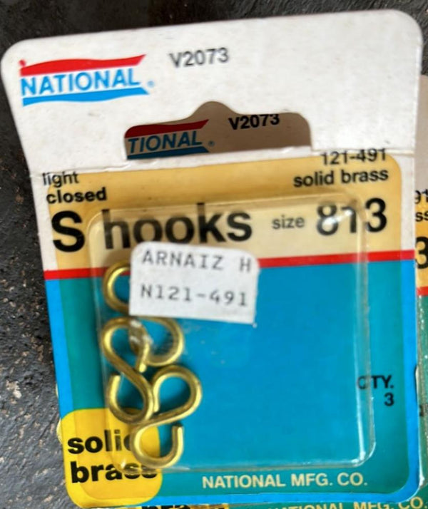 National V2073 N121-491 Closed S Hooks Solid Brass 3 Pack