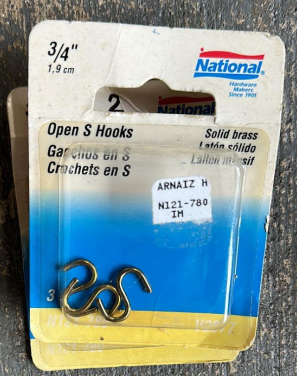 National Hardware N121-780 Open S Hooks Solid Brass 3 Pack